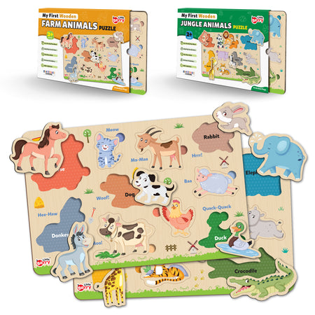 Little Berry My First Wooden Puzzle Tray (Set of 3): Jungle Animals & Farm Animals - Knob and Peg Puzzle Multicolour - 36 Pegs