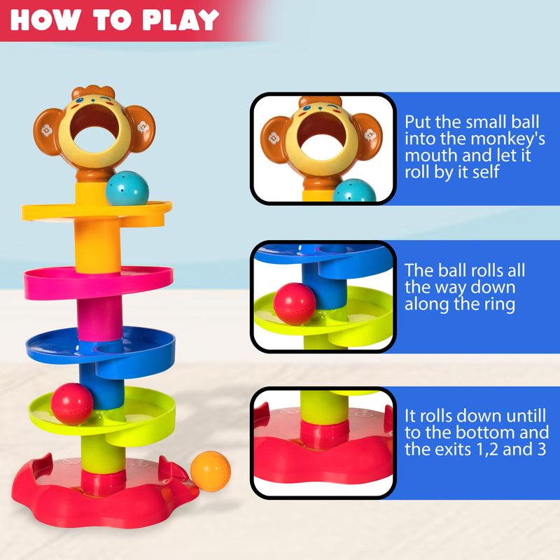 Monkey Ball Drop Toy for Babies and Toddlers | New 5 Layer Tower Run with Swirling Ramps and 3 Puzzle Rattle Balls | Best Educational Development Toy Set for Kids.