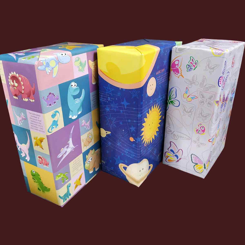 eVincE Assorted Gift Wrapping Paper | Dinosaurs, Butterfly  & Solar system, 3 Designs with facts | 70 x 50 cms - 15 sheets