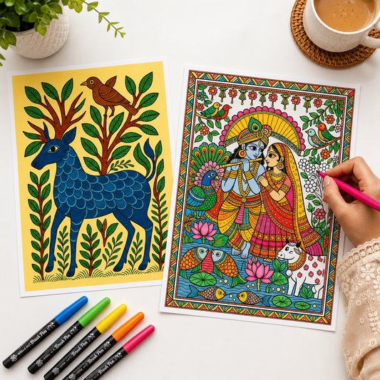 10 Poster Ultimate Indian Art Forms Poster Coloring Combo | Premium Art Sheets with Coloring Pens | Perfect for Gifting Adults, Kids, Teens, Return Gift, Women's Day Gift, Art Date, Rakhi - JoGenii