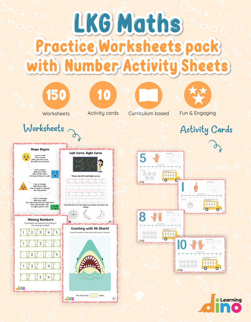 Learning Dino LKG Math Practice Worksheets Pack with Number Activity Sheets