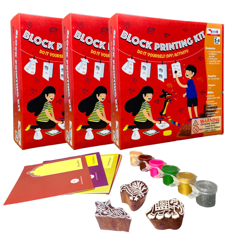 CocoMoco Kids return gifts combo pack for kids birthday – set of 3 pieces of block printing diy kit colouring set for kids with wooden stamps for ages 3-5 years, 6-8 years