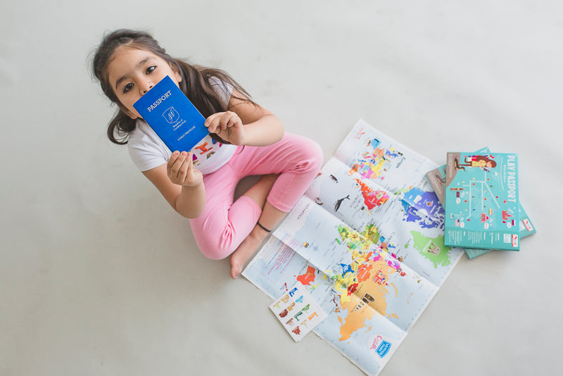 CocoMoco World Geography Combo Pack Return Gifts for Kids Birthday - 10 Pieces of Pretend Play Passport Activity Kit with World Map for Kids, Countries, Flags, Capitals Educational Toys