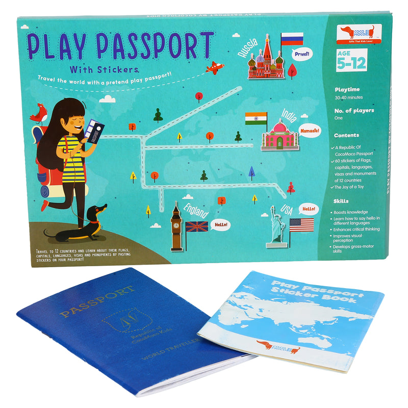 CocoMoco World Geography Combo Pack Return Gifts for Kids Birthday - 10 Pieces of Pretend Play Passport Activity Kit with World Map for Kids, Countries, Flags, Capitals Educational Toys