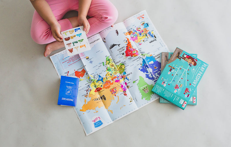 CocoMoco World Geography Combo Pack Return Gifts for Kids Birthday - 3 Pieces of Pretend Play Passport Activity Kit with World Map for Kids, Countries, Flags, Capitals Educational Toys