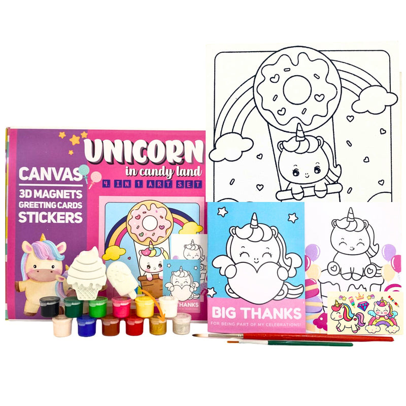 Craftopedia 4 in 1 Art & Craft Set for Boys & Girls Age 4,5,6,7 - Canvas, 3D Magnets, Greeting Cards, Stickers | (Unicorns in Candyland)