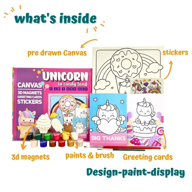Craftopedia 4 in 1 Art & Craft Set for Boys & Girls Age 4,5,6,7 - Canvas, 3D Magnets, Greeting Cards, Stickers | (Unicorns in Candyland)