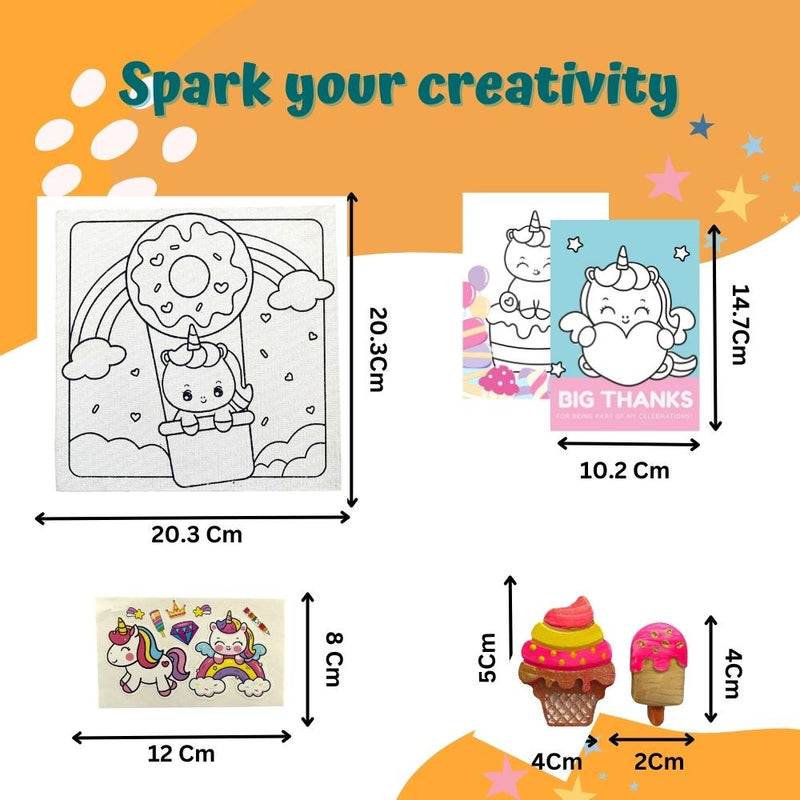 Craftopedia 4 in 1 Art & Craft Set for Boys & Girls Age 4,5,6,7 - Canvas, 3D Magnets, Greeting Cards, Stickers | (Unicorns in Candyland)