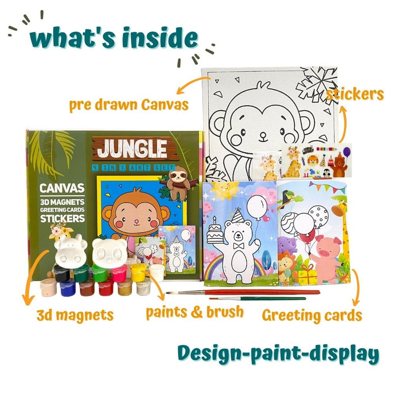 Craftopedia 4 in 1 Art & Craft Set for Boys & Girls Age 4,5,6,7 - Canvas, 3D Magnets, Greeting Cards, Stickers | (Jungle)