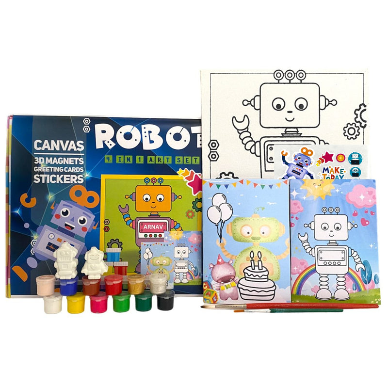 Craftopedia 4 in 1 Art & Craft Set for Boys & Girls Age 4,5,6,7 - Canvas, 3D Magnets, Greeting Cards, Stickers | (Robot)