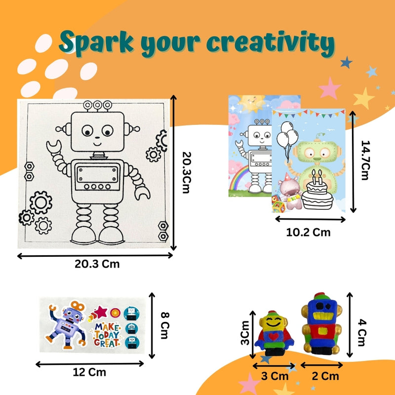 Craftopedia 4 in 1 Art & Craft Set for Boys & Girls Age 4,5,6,7 - Canvas, 3D Magnets, Greeting Cards, Stickers | (Robot)