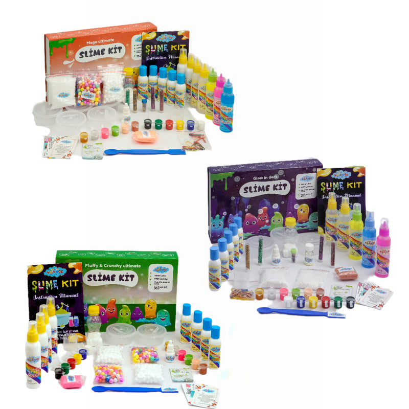 JoGenii, 129-Pieces-Ultimate-Slime-Kit-Combo-Pack-of-3-Make -65+-Slimes.-(Fluffy-&-Crunchy,-Mega-Ultimate-,-Glow-in-Dark-Slime-Kit)