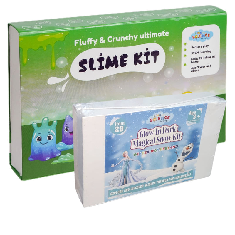 Link With Science 66 Pieces Ultimate Combo of Snow and Slime Kit (Fluffy and Crunchy Slime Kit and Glow in Dark Magical Snow Kit)  Pack of 2