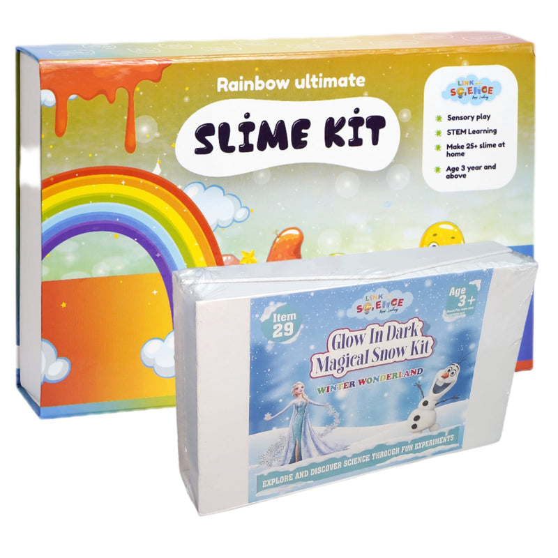 Link With Science 69 Pieces Ultimate Combo of Snow and Slime Kit (Rainbow Slime Kit and Glow in Dark Magical Snow Kit) Pack of 2