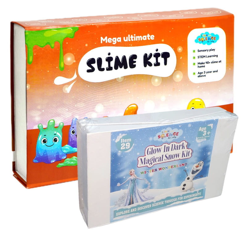 Link With Science 81 Pieces Ultimate Combo of Snow and Slime Kit (Mega Ultimate Slime Kit and Glow in Dark Magical Snow Kit)  Pack of 2