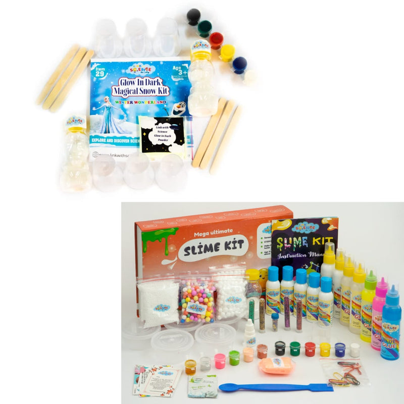 Link With Science 81 Pieces Ultimate Combo of Snow and Slime Kit (Mega Ultimate Slime Kit and Glow in Dark Magical Snow Kit)  Pack of 2