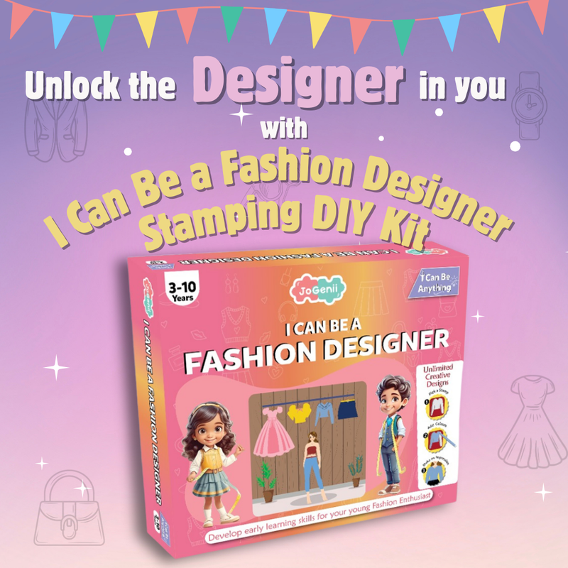 JoGenii I Can Be a Fashion Designer – Stamping Kit - diy kit colouring & painting gift, reusable craft colour set for 3, 3+, 4-5, 5+ year girls, play & learn birthday gift, arts and crafts