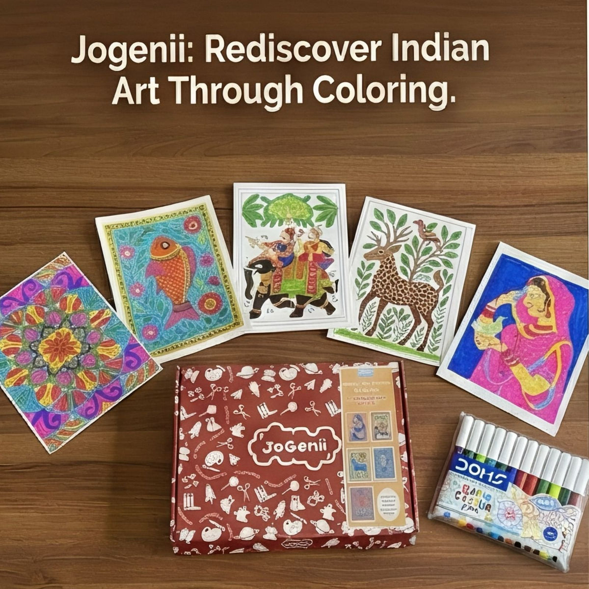 Coloring books and markers on a wooden surface with Jogenii branding.