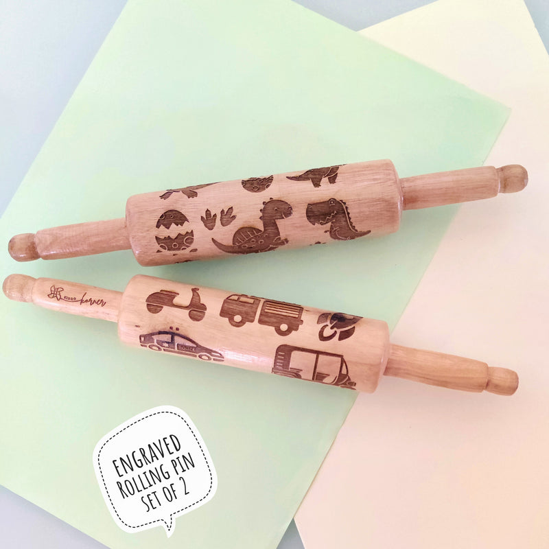 KIDDO KORNER | Rolling Pin Combo (Vehicle & Dino) – Set of 2 | Wooden Engraved Rolling Pin For Kids | 2 Pieces of Rolling Pin