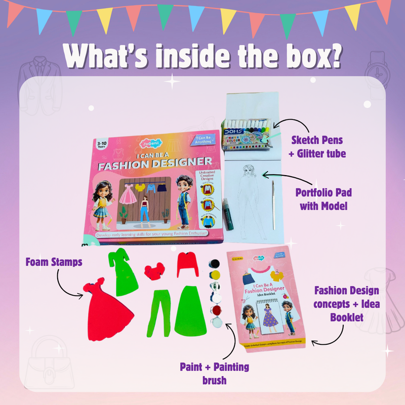 JoGenii I Can Be a Fashion Designer – Stamping Kit - diy kit colouring & painting gift, reusable craft colour set for 3, 3+, 4-5, 5+ year girls, play & learn birthday gift, arts and crafts