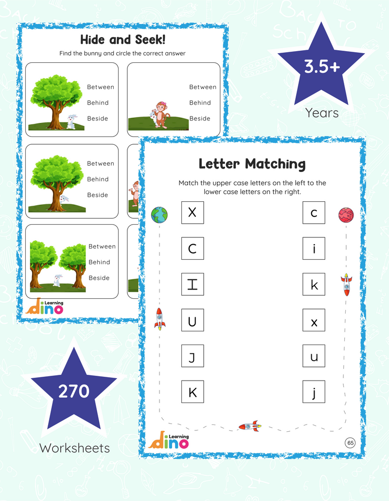 Learning Dino LKG Practice Worksheets Combo Pack (English & Math)