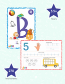 Learning Dino LKG Practice Worksheets Combo Pack (English & Math) with Phonics and Number Flashcards