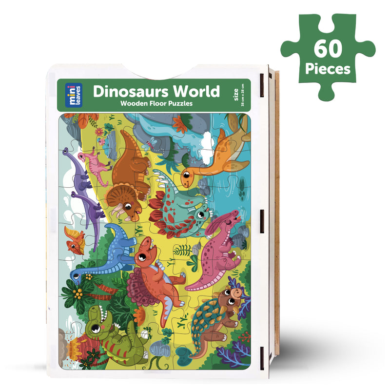 Mini Leaves  Dinosaurs World 60 Piece Wooden Floor Puzzle for Kids with Booster Cards & Wooden Box
