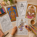 Bharat Kala Indian Art Forms Poster Coloring Kit | 5 Traditional Art A4 Sheets – Kalamkari Saraswati, Kalighat Durga, Pattachitra Jagannath, Tanjore Ganesha & Madhubani Radha Krishna | For Adults, Teens & Kids