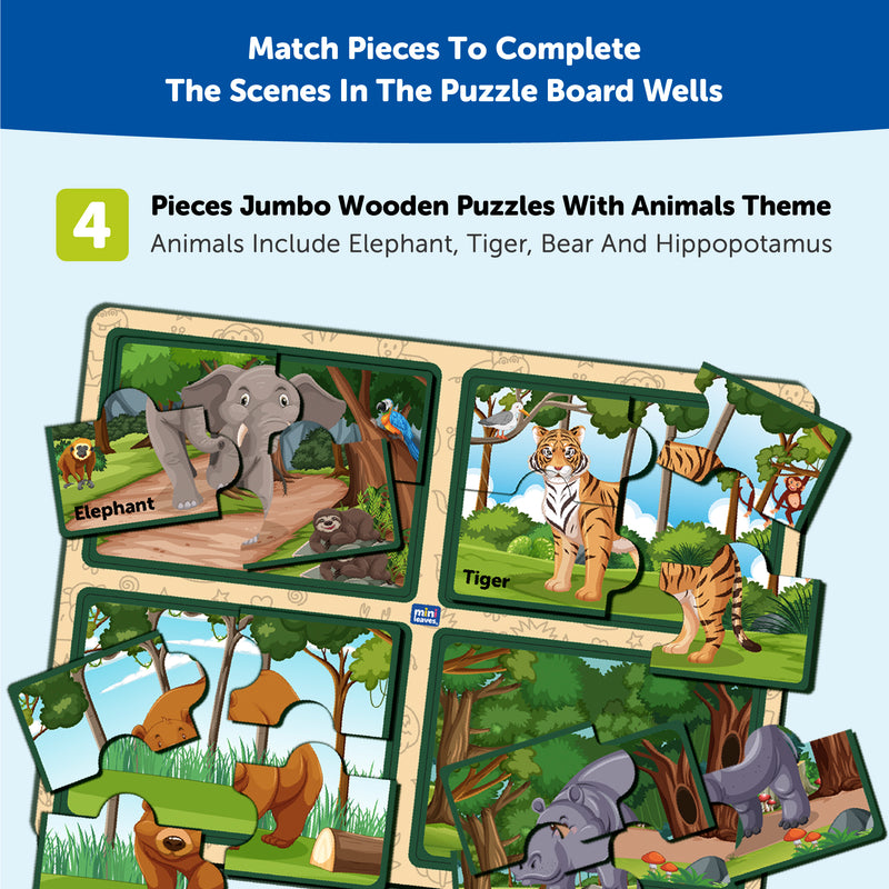 Mini Leaves Four 4 Piece Animal Jumbo Pieces Wooden Puzzle Set of 4 Chunky Animal Jigsaw Puzzle