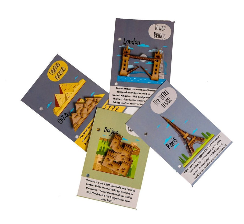 World Monuments flashcards with Activity / World Monuments Activity Book with Wooden Monuments.