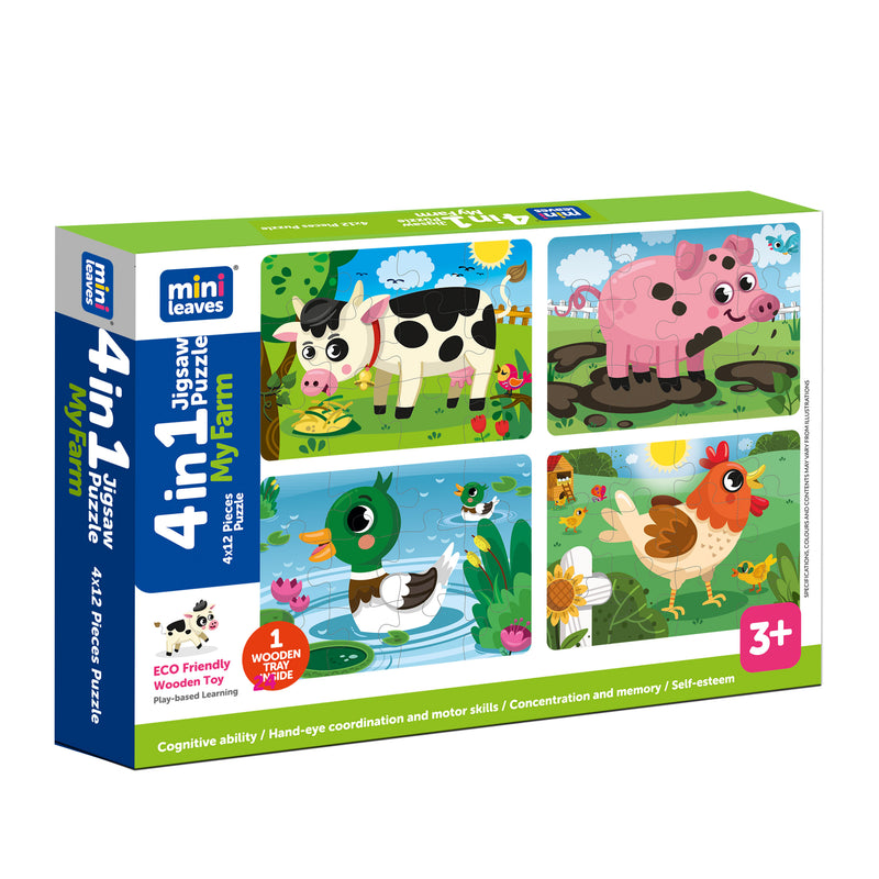 Mini Leaves Farm Animals 4 in 1 Jigsaw Wooden Puzzle
