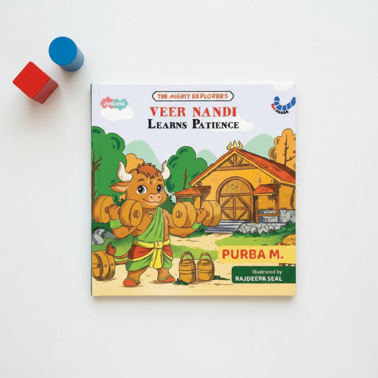Book cover of 'Veer Nandi Learns Patience' featuring a cartoon bull lifting weights.