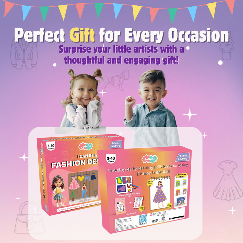 JoGenii I Can Be a Fashion Designer – Stamping Kit - diy kit colouring & painting gift, reusable craft colour set for 3, 3+, 4-5, 5+ year girls, play & learn birthday gift, arts and crafts