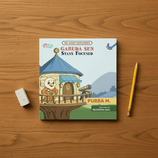 Book cover of 'Garuda Sen Stays Focused' with a cartoon eagle character on a tower.