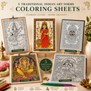 Bharat Kala Indian Art Forms Poster Coloring Kit | 5 Traditional Art A4 Sheets – Kalamkari Saraswati, Kalighat Durga, Pattachitra Jagannath, Tanjore Ganesha & Madhubani Radha Krishna | For Adults, Teens & Kids