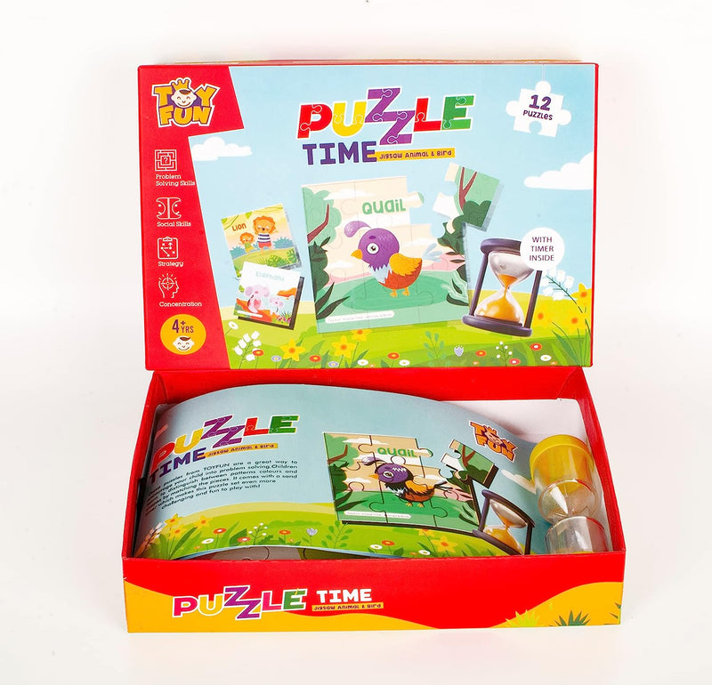 Puzzle Time Animals and Birds for Kids 4 Years+ | 12 Jigsaw Puzzle with Sand Timer and Pouch | 108 Pieces | Educational Puzzle Game for Fun and challegne | Improves Focus and Speed
