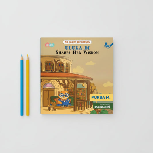 Book cover of 'Uluka Di Shares Her Wisdom' with an owl character in a library setting.