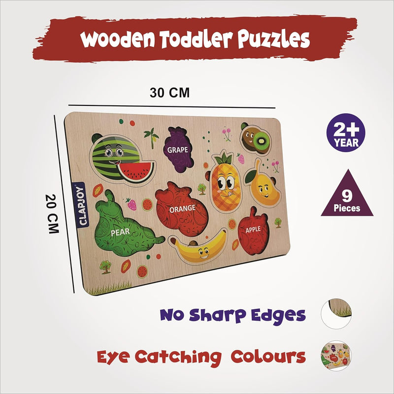 Clapjoy Wooden Learning Educational Board for Kids, Puzzle Toys for 2 Years Old Boys & Girls (Vehicles & Fruit)