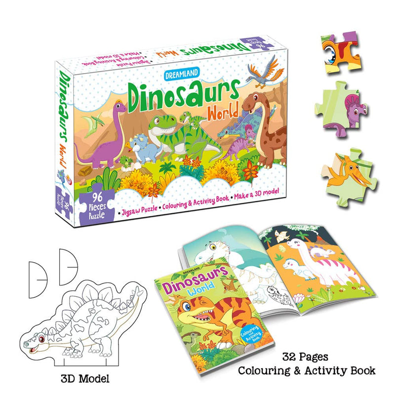 Dinosaurs World Jigsaw Puzzle for Kids – 96 Pcs | With Colouring & Activity Book and 3D Model| Kid Book