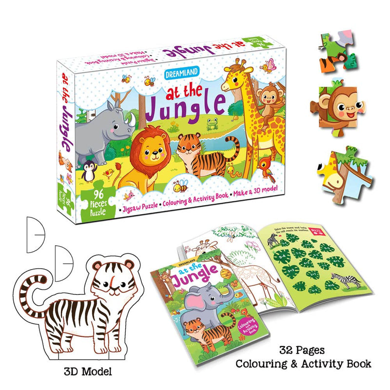 At the Jungle Jigsaw Puzzle for Kids – 96 Pcs | With Colouring & Activity Book and 3D Model : | Kid Book