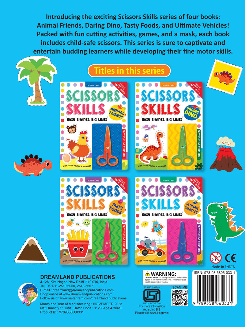 Daring Dino Scissors Skills Activity Book for Kids Age 4 - 7 years | With Child- Safe Scissors, Games and Mask