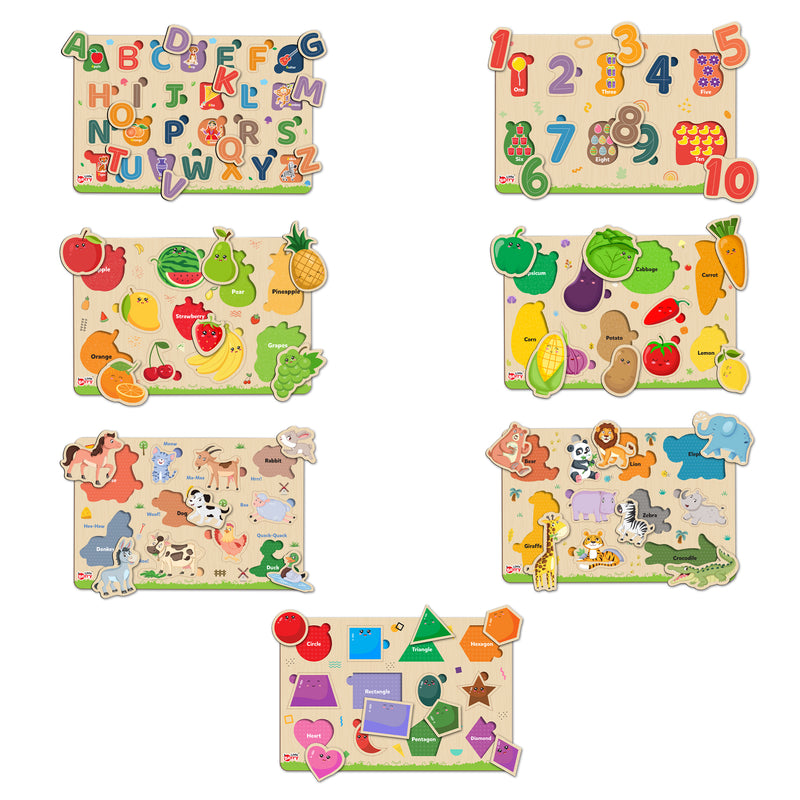 Little Berry My First Wooden Puzzle Tray (Set of 7): All 7 - Knob and Peg Puzzle Multicolour - 36 Pegs