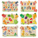 Little Berry My First Wooden Puzzle Tray (Set of 6): ABC, Numbers, Fruits, Vegetables, Jungle Animals, Farm Animals - Knob and Peg Puzzle Multicolour - 36 Pegs