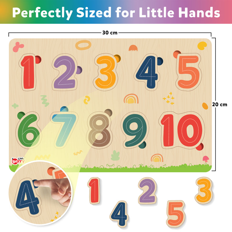 Little Berry My First Wooden Puzzle Tray (Set of 6): ABC, Numbers, Fruits, Vegetables, Jungle Animals, Farm Animals - Knob and Peg Puzzle Multicolour - 36 Pegs