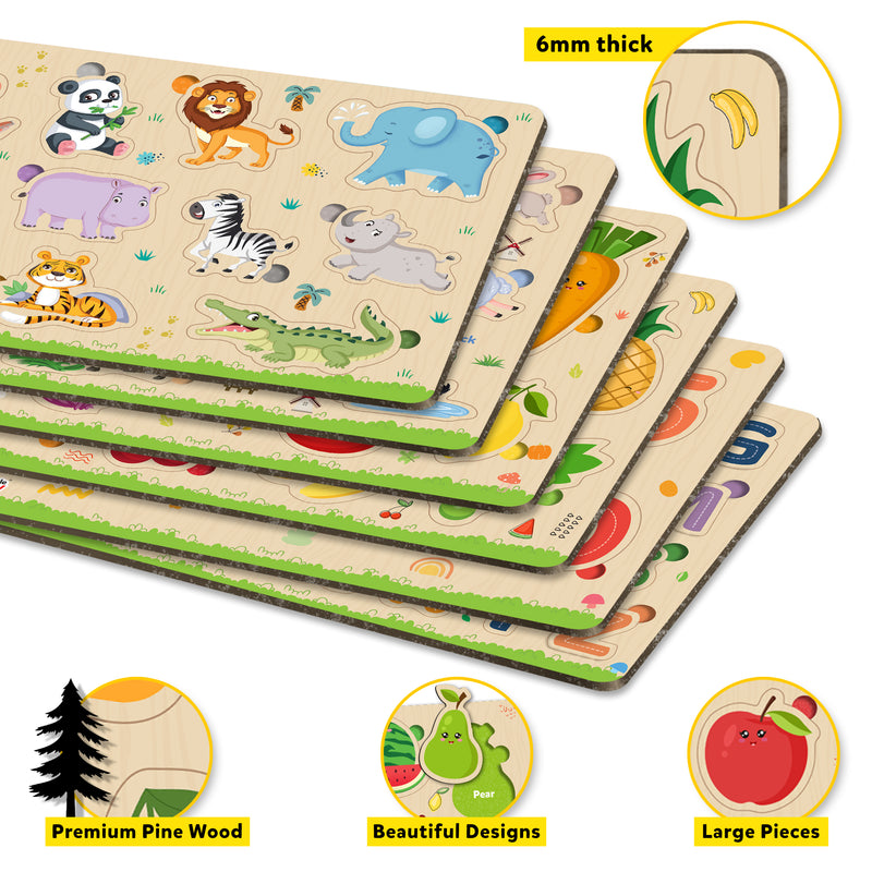 Little Berry My First Wooden Puzzle Tray (Set of 6): ABC, Numbers, Fruits, Vegetables, Jungle Animals, Farm Animals - Knob and Peg Puzzle Multicolour - 36 Pegs