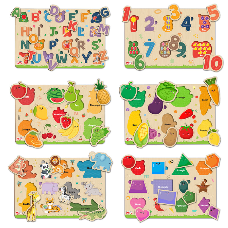 Little Berry My First Wooden Puzzle Tray (Set of 6): ABC, Numbers, Shapes, Fruits, Vegetables, Jungle Animals - Knob and Peg Puzzle Multicolour - 36 Pegs