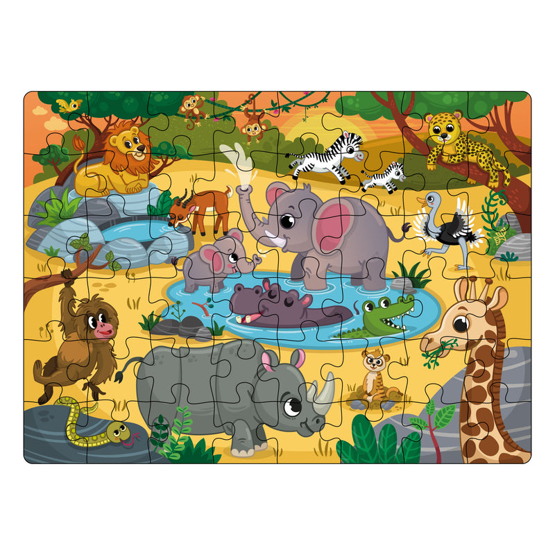 Mini Leaves Wild Safari Animals 48 Pieces Wooden Jigsaw Floor Puzzle with Wooden Box