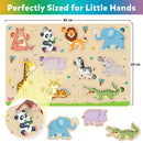 Little Berry My First Wooden Puzzle Tray (Set of 5): ABC, Numbers, Jungle Animals, Farm Animals, Shapes - Knob and Peg Puzzle Multicolour - 36 Pegs