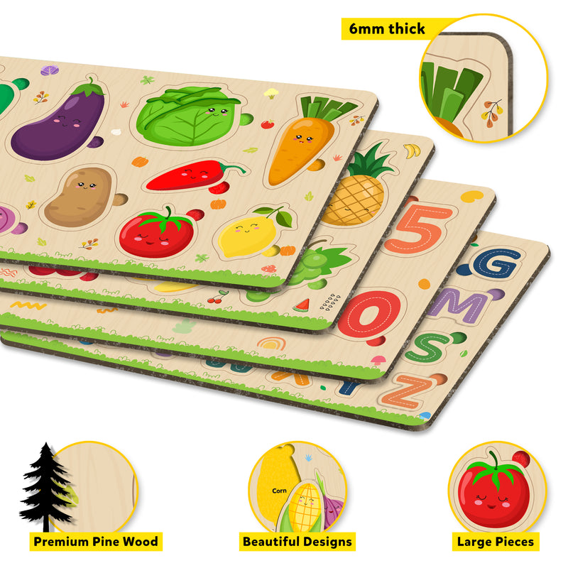 Little Berry My First Wooden Puzzle Tray (Set of 4): ABC, Numbers, Fruits & Vegetables - Knob and Peg Puzzle Multicolour - 36 Pegs