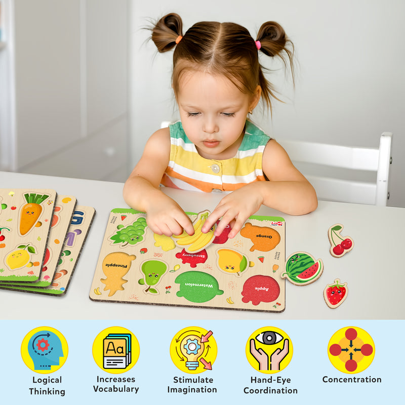 Little Berry My First Wooden Puzzle Tray (Set of 4): ABC, Numbers, Fruits & Vegetables - Knob and Peg Puzzle Multicolour - 36 Pegs